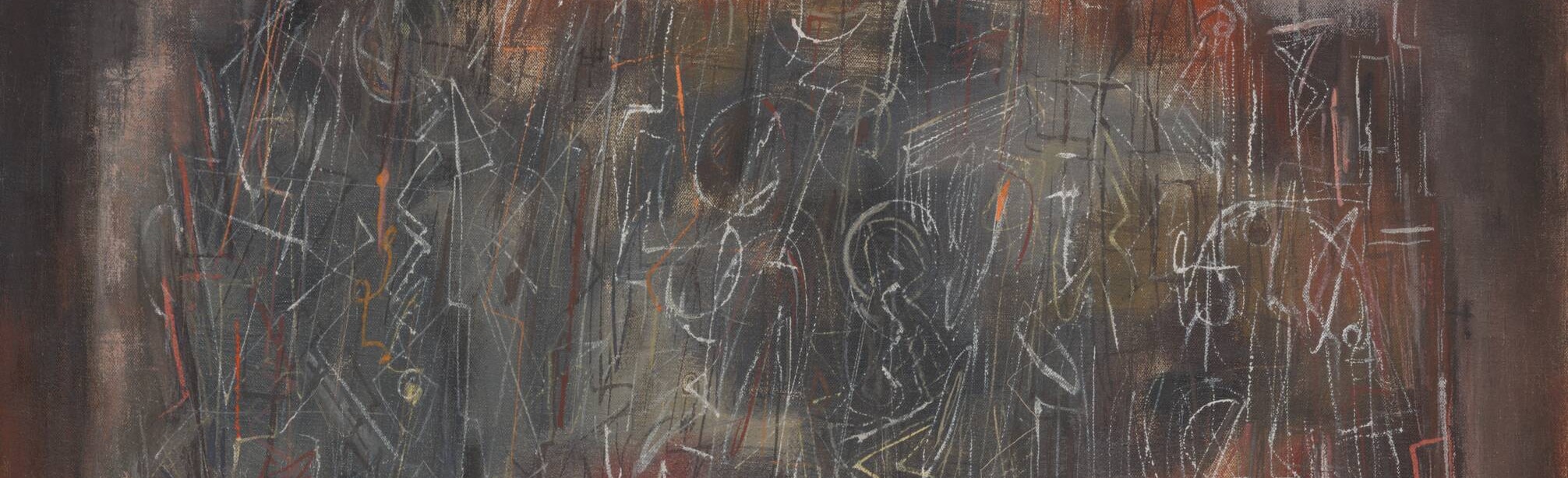 Abstract painting with a soft, pulsating background of red, dark brown, yellow, and orange, covered with tight, rapid calligraphy in white.